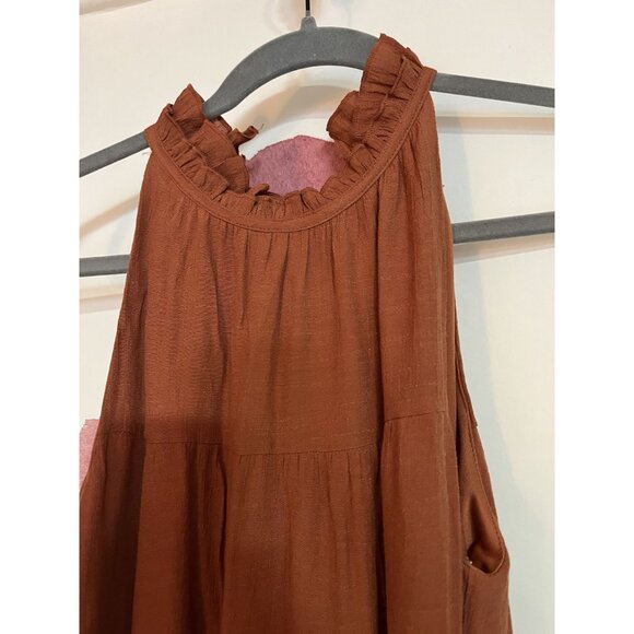 Tiered Rust Sleeveless Maxi Dress With Tie Back & Ruffled Neckline - Picture 7 of 7
